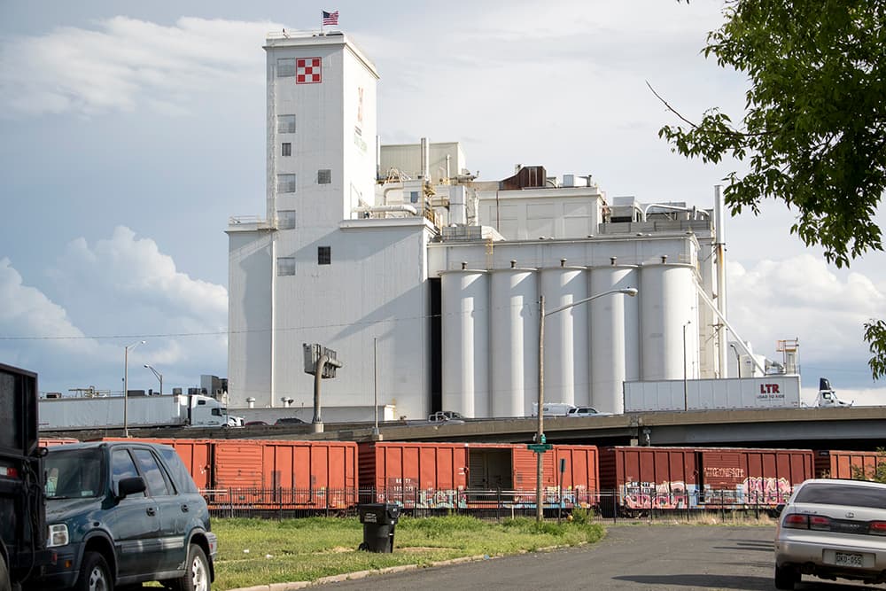 A passing train and the Purina pet food factory