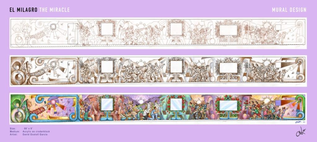 A three-step breakdown of the mural design, with a pencil or ink sketch of the scene at the top, followed by a shaded version of the same design in the middle, and a full color rendering of the scene at the bottom.